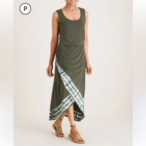 Chico's Olive Green and Cream Maxi Dress with tie dye accent